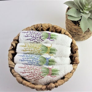 Lavender wash cloth, embroidered towel. Small guest napkin. Soft terry hand towel. Lavender spa towels. Unique gift for her, women, mother