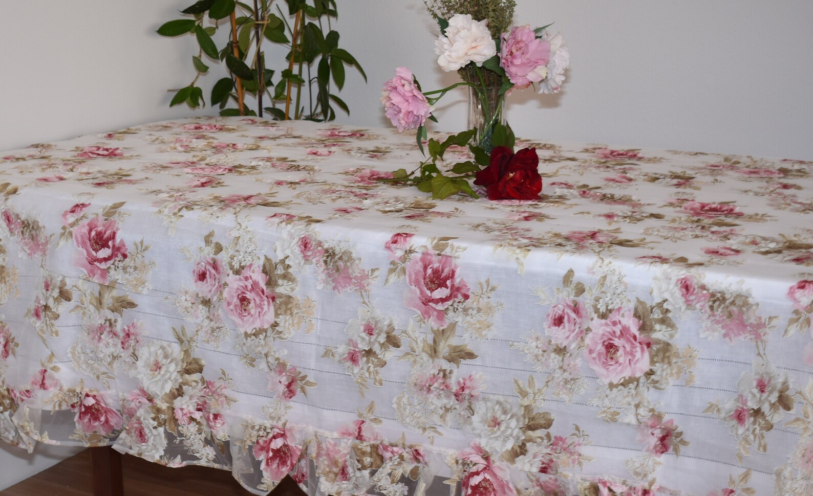 Shabby chic organza tablecloth pink rose rectangle tablecloths Etsy