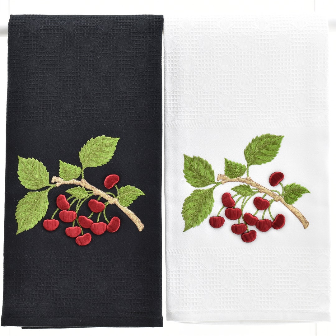 Cherry Embroidered Kitchen Towel, Red Fruit Linen Stove Oven Door Cover,  Guest Hand Towel, Unique Gift for Hostess, Holiday Gift