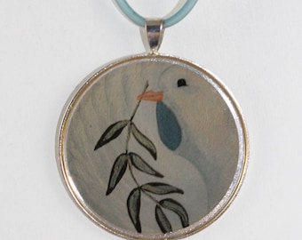 Elegant Necklace with White Peace Dove with Olive Branch in Silver Platet Pendant on Pale Blue Rubber Cord, Love and Peace Statement Jewelry