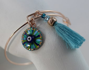 Boho Armreif mit Quaste Blume des Lebens und Glücksbringer Mai Auge in Türkis Rotgold, Damen Schmuck in Meeresfarben, Talisman Armband Blau