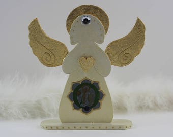 Erzengel Metatron Glücksengel Figur mit Blattvergoldung, Engel Statue in Creme Beige Gold, Himmlische Dekoration und Geschenk zur Hochzeit