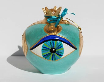 Gilded Pomegranate Sculpture in Teal Gold with Mati Nazar and Gemstone Crystals, Good Luck Home Decor, Evil Eye Art Decoration for Abundance