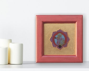 Kleines Bild mit Erzengel Ariel auf Blattgold, edle Wand Deko in Rosa Rot Gold, Engel des Neubeginns und der Kraft Wandbild mit Vergoldung