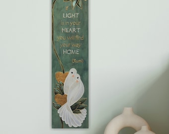 Wand oder Tür Dekoration mit Rumi Zitat, Inspiration Wandbild, Original Kunst, Gemälde mit Blattvergoldung und Tauben Paar, Einzug Geschenk