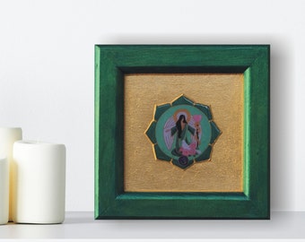 Erzengel Raphael Wandbild mit Blattgold Vergoldung, Engel in Lotus Blume auf Wand Dekoration, Engelbild vergoldet, Geschenk für Therapeutin