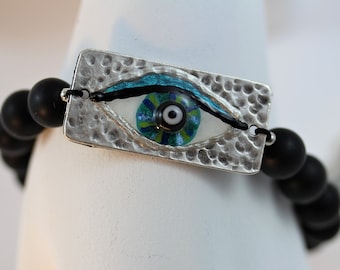 Markantes Talisman Armband aus schwarzen Onyx Perlen mit Glücksbringer Auge und Lilie, Edelstein Schmuck Schwarz Türkis Blau für Sie und Ihn