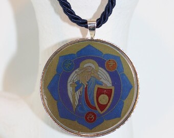 Elegant Necklace with Round Archangel Michael Pendant on Dark Blue Silk Cord, Angel Necklace for Her or Him, Angelic Guardian Good Luck Gift