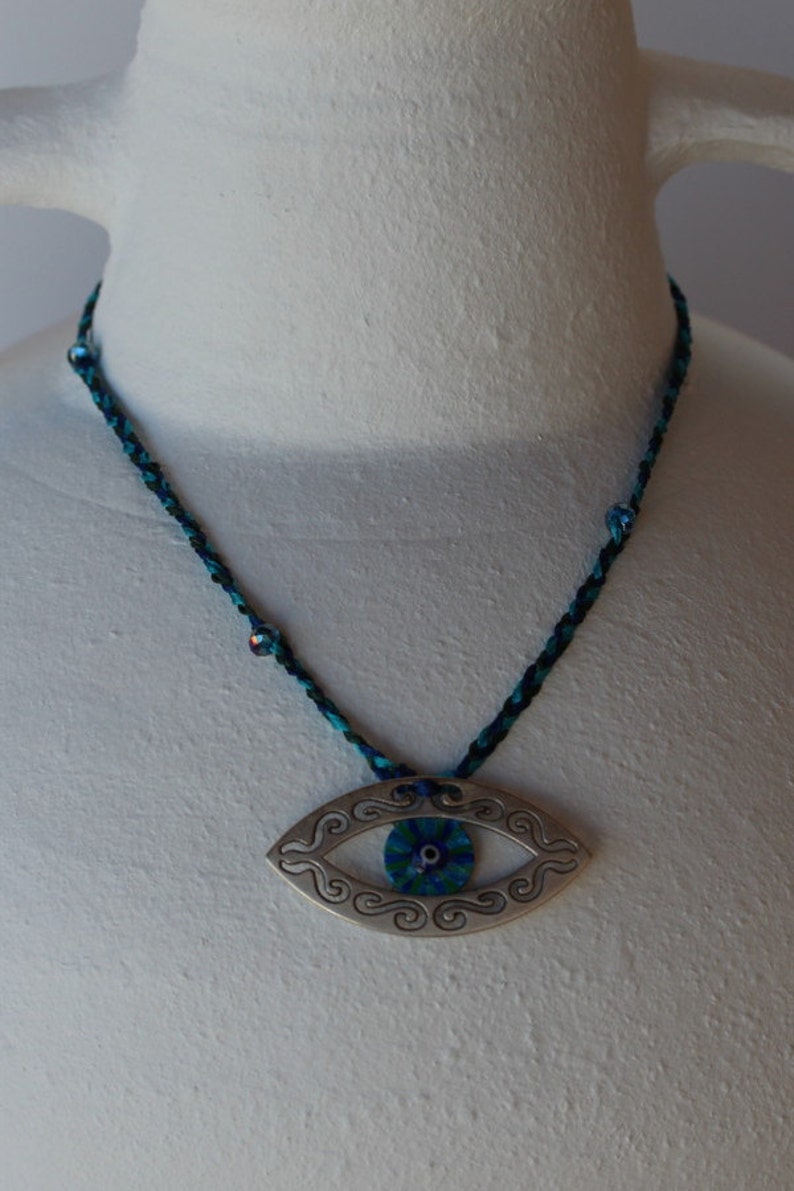 Eye of Hilarion Necklace 7-514 evil eye lucky good luck charm jewellery hand painted blue green teal silver pendant amulet talisman gift