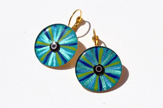 Bright Hand Painted Evil Eye Art Earrings in Ocean Colors,  Good Luck Lucky Charm Mediterranean Ear Jewelry in Teal Turquoise Blue Gold