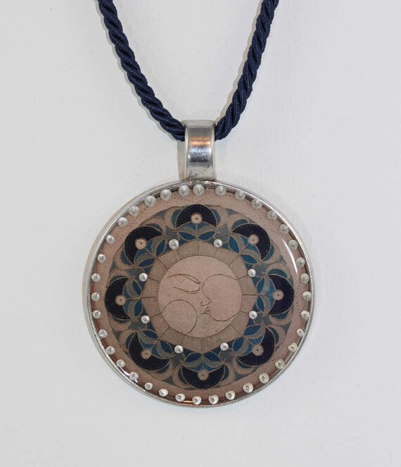 Artistic Necklace with Inka Moon Mandala in Round Pendant, Goddess Statement Jewelry for Her or Him in Grey Blue Silver, Gift for Woman