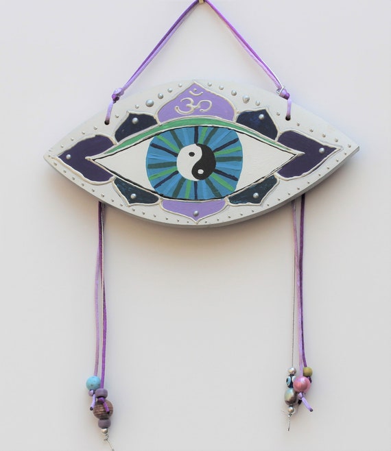 Yin Yang Evil Eye Art Wall or Door Hanging in Purple Blue Silver, Hand Painted Mati or Nazar Good Luck Meditation or Yoga Room Home Decor