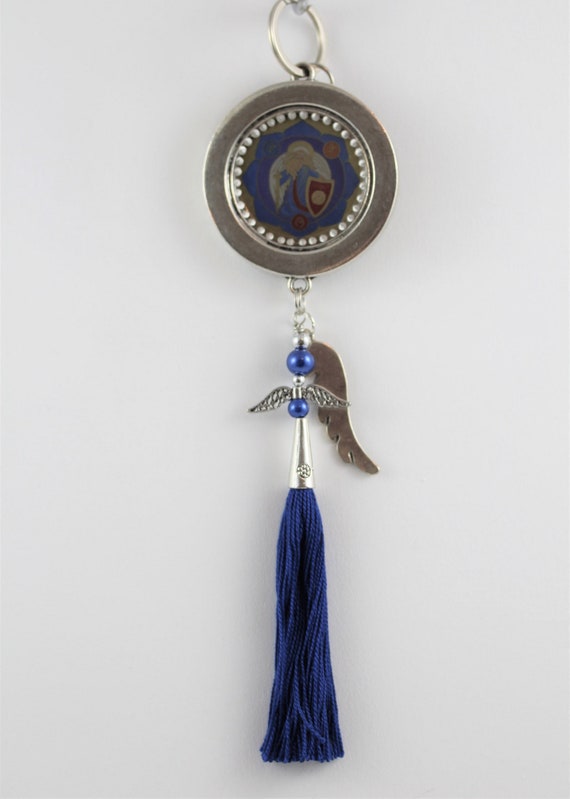 Archangel Michael Good Luck Key Fob or Purse Charm, Blue Guardian Angel Zipper Clasp with Tassel and Wing, Birthday or Housewarming Gift