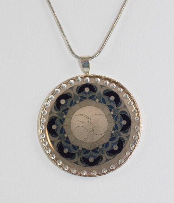 Elegant Necklace with Moon Mandala in Silver Plated Pendant on Snake Chain, Goddess Statement Jewelry and Gift for Women