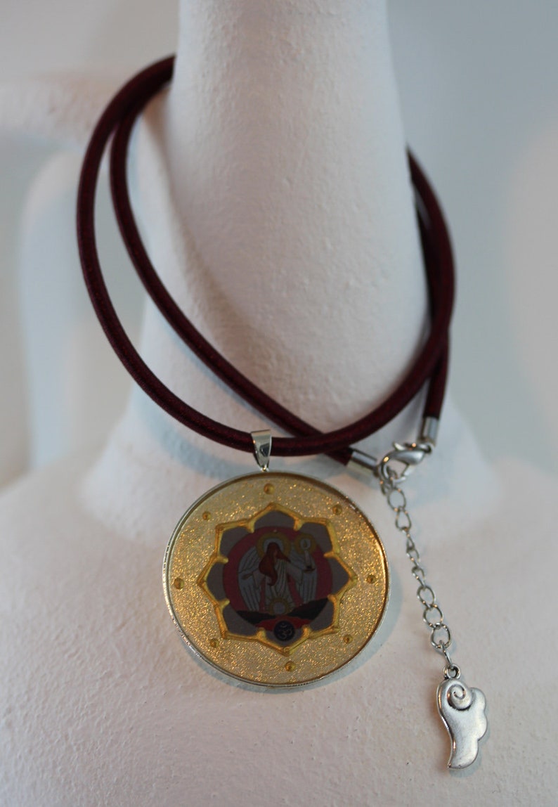 Hand Painted Archangel Azrael Pendant Jewelry and Gift Idea for Woman Elegant Angel Necklace in Beige Gold Pink with Brown Silk Cord