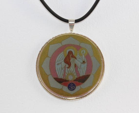 Necklace with Archangel Azrael in Round Silver Plated Pendant on Rubber Cord, Casual Angel Jewelry in Beige Pink