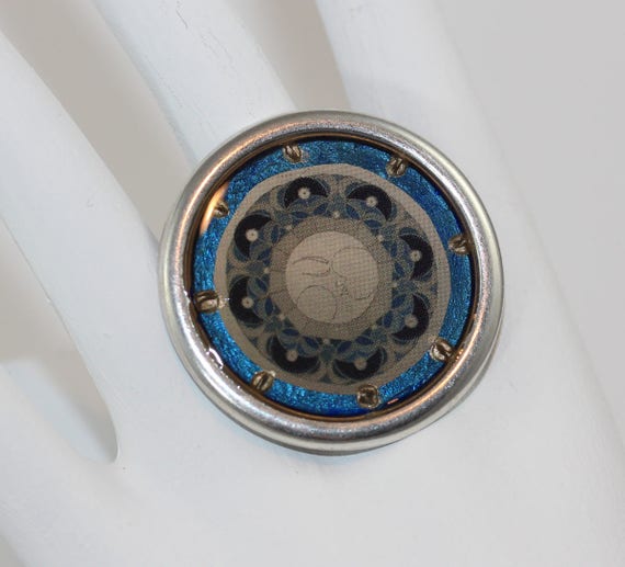 Unique Ring With Moon Cycle Mandala in Dark Blue Grey Silver, Maya Calendar Art, Goddess Statement Jewelry for Her