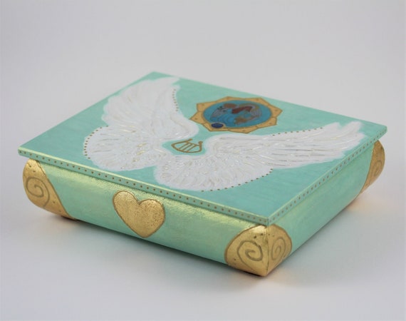 Gilded Jewelry Box with Guardian Angel and Wings, Archangel Sandalphon Casket in Light Mint Teal Blue Green, Altar Decor, Card Storage