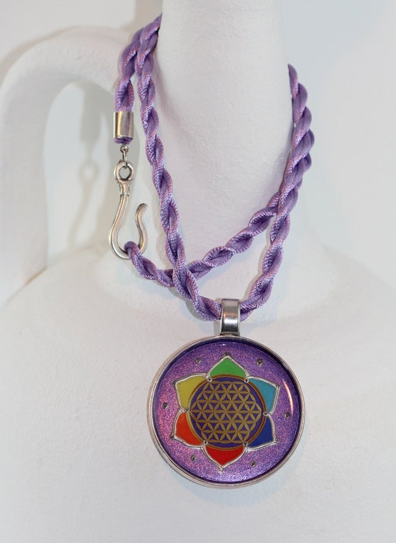Colorful Flower of Life Necklace, Lotus Chakra Color Pendant on Soft Twisted Purple Cord, Rainbow Warrior Boho Jewelry, Gift Idea for Woman