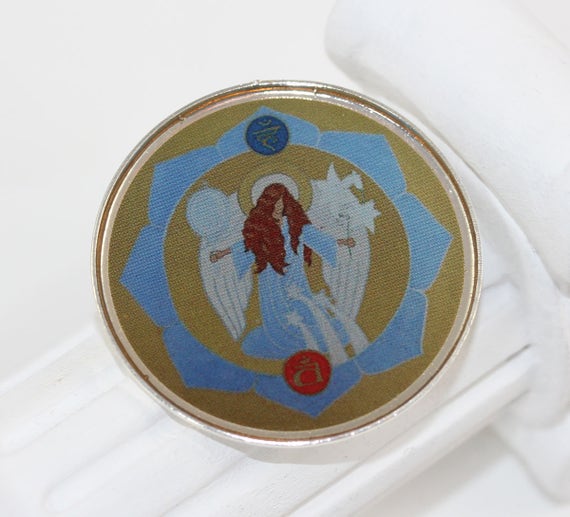 Round Brooch with Archangel Gabriel, Silver Plated Guardian Angel Jewelry, Light Blue Angelic Icon Lucky Charm and Gift Idea for Her