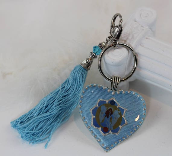 Keychain with Light Blue Heart and Archangel Gabriel, Tassel Good Luck Purse Charm Clasp and Gift Idea with Guardian Angel