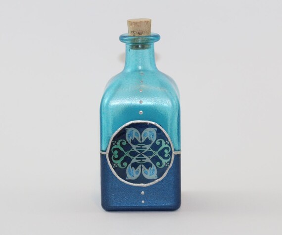 Square Bottle in Teal Blue with Dolphin Mandala, Coastal Glass Art Home Decor and Collector Gift Idea in Ocean Colors