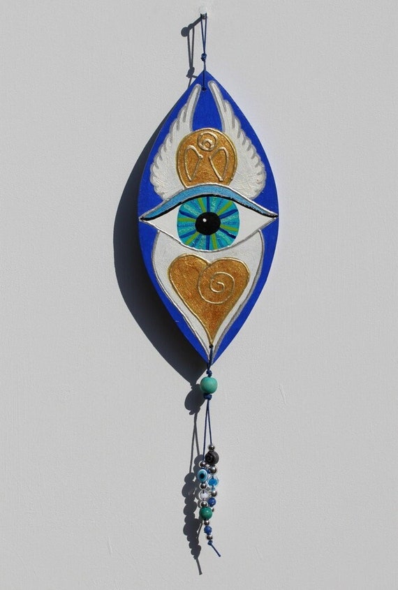 Royal Blue Wall Hanging or Door Sign with Mati, Heart and Angel Wings, Evil Eye Art Home Decor in Teal White Gold, Gift for Moving House