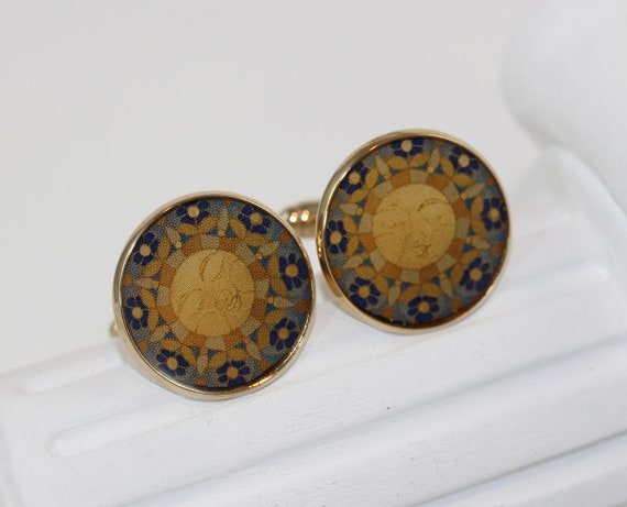 Cuff Links with Sun in Yellow Blue Gold, Sunshine Mandala Shirt Accessory for Men, Festive Jewelry and Gift for Him,