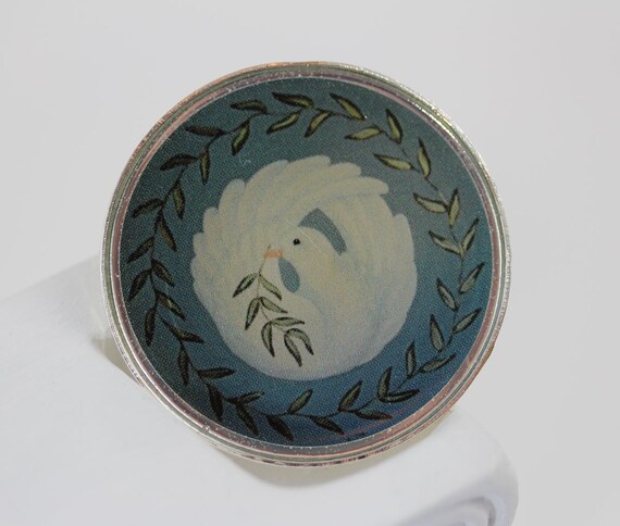 Round Brooch with White Dove holding Olive Branch, Love and Peace Statement Jewelry for Her, Decorative Pin for Coat or Pullover