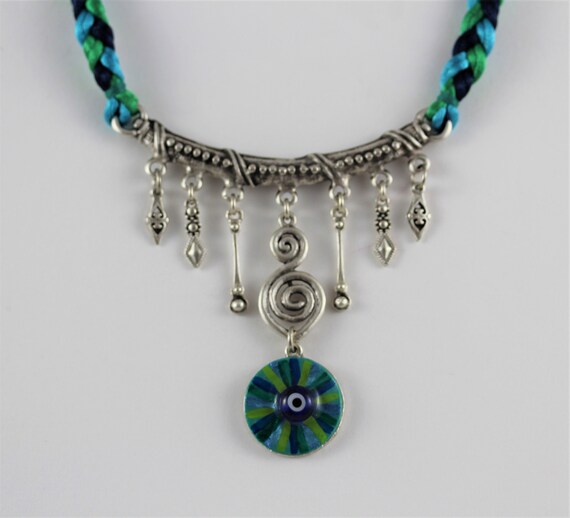 Festive Tribal Boho Style Necklace with Hand Painted Mati Nazar in Turquoise Teal Blue, Unique Oriental Belly Dance Evil Eye Art Jewelry