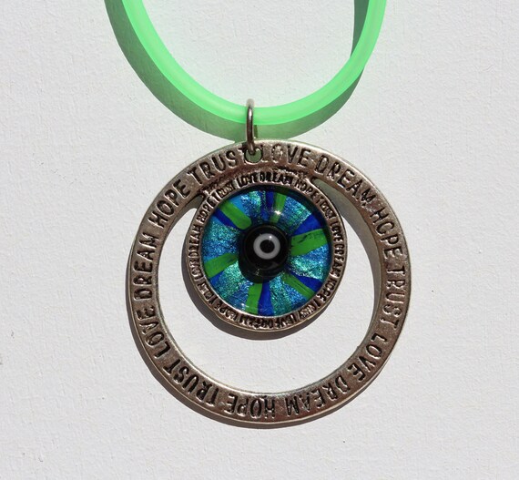 Unique Necklace with Evil Eye Art Good Luck Charm on Bright Green Cord, Mediterranean Talisman Jewelry and Gift for Her or Him