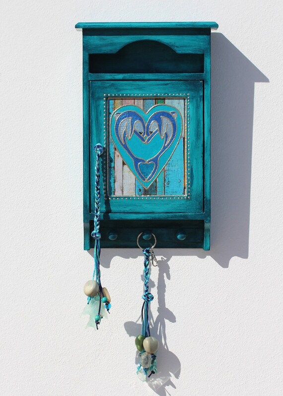 Teal Blue Key Holder Cabinet with Dolphins and Heart, Keyboard and Keychain, Coastal Wall Decor with Dolfins, Vintage Storage Box with Hooks