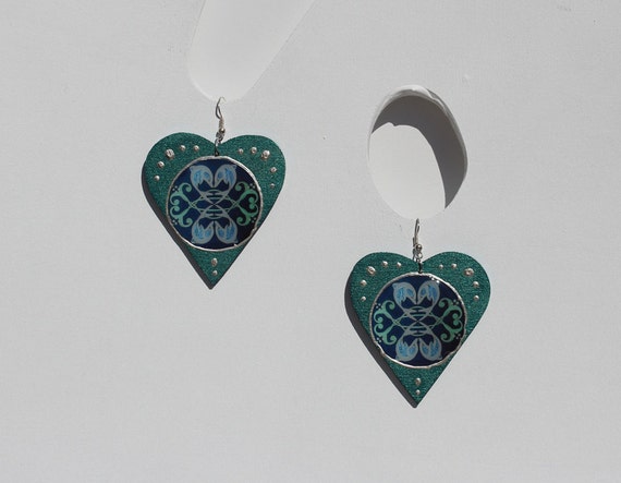 Chunky Heart Shaped Earrings with Dolfins in Teal Green Blue, Big Wooden Love Statement Ear Jewelry and Gift for Her with Dolphins