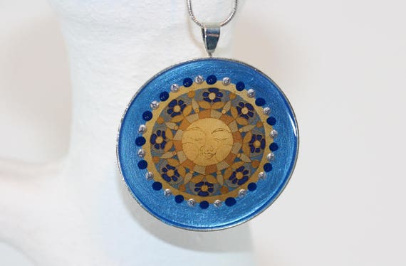 Necklace with Hand Painted Sun Pendant in Blue Yellow Silver, Elegant Boho Style Sunshine Mandala Jewelry, Tribal Ethno Maya Art