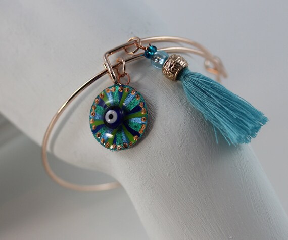 Bangle Bracelet with Tassel Flower of Life and Greek Mati, Boho Inspired Lucky Charm in Teal Turquoise Blue, Evil Eye Art Jewelry for Woman