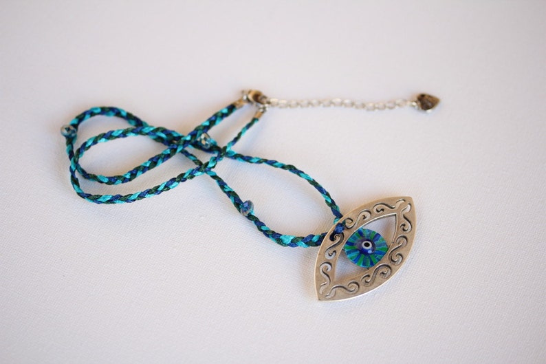 Eye of Hilarion Necklace 7-514 evil eye lucky good luck charm jewellery hand painted blue green teal silver pendant amulet talisman gift