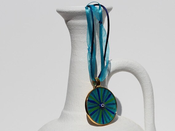 Necklace with Mediterranean Mati in Ocean Colors, Eyil Eye Good Luck Pendant on Soft Ribbon Cord in Turquoise Teal Blue