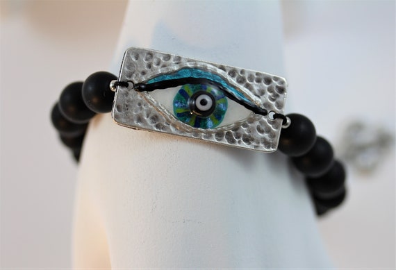 Hand Painted Evil Eye Art Bracelet with Onyx Beads for Him or Her, Mediterranean Good Luck Talisman Gemstone Jewelry in Black Turquoise Blue
