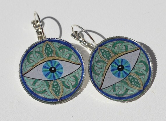 Earrings with Mati in Celtic Circle in Blue Green, Multicultural Symbolism Evil Eye Art Lucky Charm Talisman Jewelry, Druid Ear Jewelry