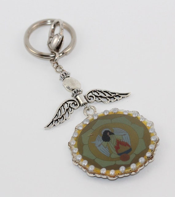 Archangel Uriel Good Luck Purse Charm or Key Fob with filigree Disc, Angel of Inspiration Keychain or Decor, Valentines or Anniversary Gift