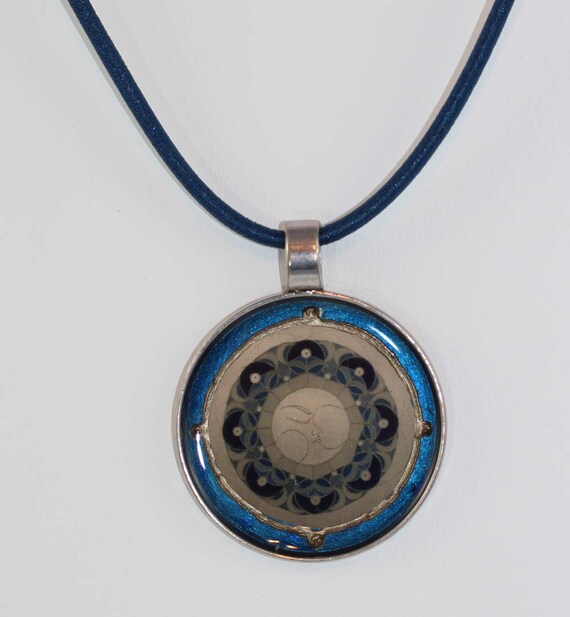 Unique Necklace with Moon Mandala in Round Pendant on Dark Blue Silk Cord, Moon Goddess Circle Jewelry for Her or Him