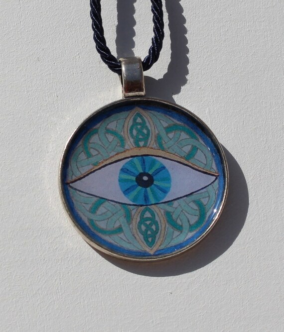 Necklace with Celtic Knot Circle in Blue Green Multicultural Evil Eye Art Pendant on Twisted Cord, Good Luck Symbol Jewelry for Woman or Man