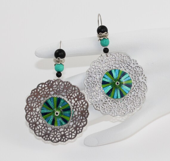 Chunky Filigree Disc Earrings in Ocean Color with Black Onyx Beads, Mediterranean Gemstone Jewelry, Teal Blue Evil Eye Art Ear Hangings