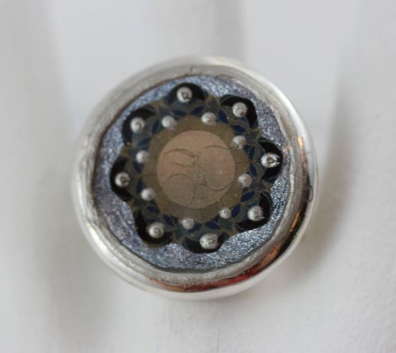 Unique Womans Ring with Moon Mandala in Silvery Blue with Round Bezel, Lunar Cycle Symbol Jewelry for Her, One of a Kind Gift for Girlfriend