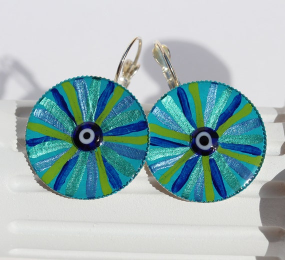 Eyecatcher Good Luck Jewelry in Mediterranean Colors, Hand Painted Evil Eye Earrings, Greek Mati Ear Hangers in Round Bezel, Gift for Woman