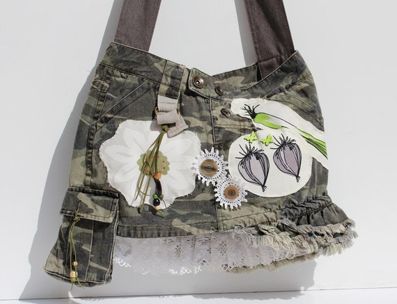 Unique Upcycled Denim Purse with Romantic Lace Border and Applications in Olive Green Beige, One of a Kind Military Pattern Shoulder Bag