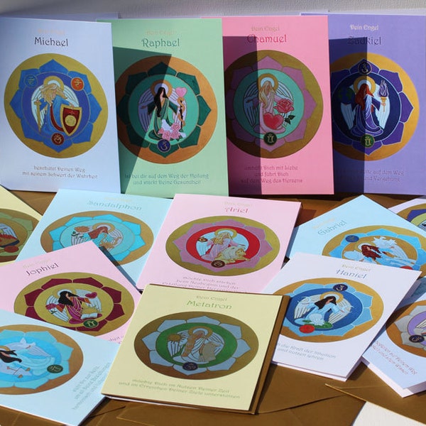 Set of 15 Colorful Archangel Greeting Cards in Gift Box, Angel Post Card Stationary Kit with Envelope, Angelic Wishes and Blessings