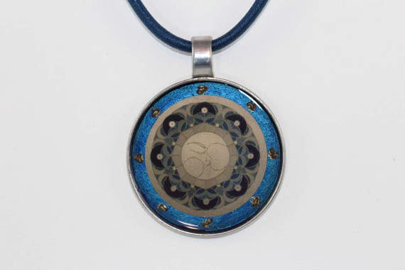 Unique Necklace with Moon Mandala in Round Pendant on Dark Blue Silk Cord, Moon Goddess Circle Jewelry for Her or Him