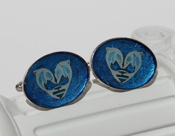 Ocean Blue Cuff Links with Dolphin Couples in Oval Settings, Unique Shirt Accessory and Gift Idea for Him, Mens Suit Jewelry