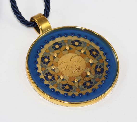 Boho Style Sun Necklace in Golden Yellow Blue, Chunky Hand Painted Sunshine Pendant, Maya Folklore Mandala Jewelry and Gift for Her or Him